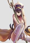  absurdres bangs bare_shoulders beads between_legs bikini black_hair breasts bridal_gauntlets cleavage closed_mouth collarbone emoto_reishi eyebrows eyelashes fate/grand_order fate_(series) hair_between_eyes hair_rings hand_between_legs hat highres jewelry large_breasts legs_apart lips long_hair looking_at_viewer necklace pink_eyes prayer_beads ring shakujou silver_background simple_background sitting smile solo staff swimsuit thighhighs very_long_hair white_bikini white_legwear xuanzang_(fate/grand_order) 