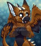 2014 ambiguous_gender angel_dragon anthro bed black_fur blue_background brown_fur dragon dutch_angel_dragon ferwildir front_view fur furred_dragon gradient_background horn looking_at_viewer no_pupils pattern_background signature simple_background smile solo spikes standing telephone_(ino89777) watermark white_eyes white_fur wings 
