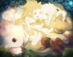  1other :o animal_ears barefoot book bunny_ears cheek-to-cheek circle_formation claws creature dual_persona furry glowing kurokitsune_(float0108) made_in_abyss mitty_(made_in_abyss) mitty_(made_in_abyss)_(human) nanachi_(made_in_abyss) nanachi_(made_in_abyss)_(human) open_mouth short_hair_with_long_locks sleeping smile strapless tail topknot tubetop white_hair younger 