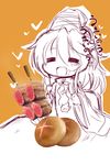  1girl :d =_= bread closed_eyes eating fang food hat heart kebab knife mononobe_no_futo muuba open_mouth sketch smile solo spork tate_eboshi touhou translated 