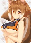  antenna_hair arm_behind_head blazblue blush breast_hold breasts brown_hair crop_top darahan highleg highleg_panties large_breasts makoto_nanaya multicolored_hair orange_eyes panties revealing_clothes short_hair squirrel_ears squirrel_girl squirrel_tail tail two-tone_hair underboob underwear upper_body 