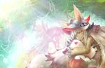  1other animal_ears branch bunny_ears claws commentary creature diffraction_spikes dual_persona ears_through_headwear exxe_mkii furry green_eyes hat helmet hug long_hair looking_at_another made_in_abyss mitty_(made_in_abyss) mitty_(made_in_abyss)_(human) nanachi_(made_in_abyss) pink_eyes pink_hair plant sad_smile smile tears topknot translucent vines whiskers white_hair 