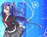  arms_behind_back blue_background blue_eyes blue_hair blush commentary_request cover cover_page doujin_cover hair_between_eyes hottate kazanari_tsubasa letter long_hair lydian_academy_uniform necktie one_side_up pleated_skirt red_neckwear school_uniform senki_zesshou_symphogear skirt smile solo 