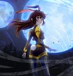  animal_ears brown_eyes brown_hair bunny_ears bunny_tail commentary_request forest full_moon iesupa looking_back moon nature rwby tail velvet_scarlatina 