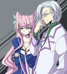  1girl adjusting_eyewear aqua_eyes butterfly_hair_ornament closed_labcoat crossed_arms glasses hair_ornament hottate jewelry john_wayne_vercingetorix labcoat long_hair maria_cadenzavna_eve necklace pendant pink_hair profile senki_zesshou_symphogear short_hair silver_hair symphogear_pendant 