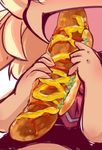  blonde_hair blush close-up eating fang food hair_bun happy hot_dog ketchup mustard muuba nose_blush rumia sausage short_hair solo tan touhou 