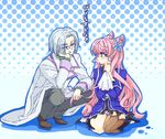  1girl :t asymmetrical_legwear blue_background blush brown_footwear butterfly_hair_ornament chin_rest glasses grey_legwear hair_ornament handkerchief hottate john_wayne_vercingetorix long_hair maria_cadenzavna_eve pants pink_hair profile senki_zesshou_symphogear shoes short_hair shorts silver_hair single_thighhigh sitting squatting tearing_up thighhighs translation_request very_long_hair wariza white_shorts 