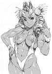  areolae bracelet breasts character_request collarbone commentary_request covered_nipples cowboy_shot crown fingernails graphite_(medium) greyscale hand_on_hip highres hips jewelry kei_(bekei) large_areolae looking_at_viewer medium_breasts mini_crown monochrome muscle muscular_female navel neck original reflective_eyes sharp_fingernails simple_background slingshot_swimsuit smile solo swimsuit thigh_gap thighs traditional_media tsurime white_background 