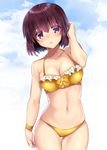  :o bare_shoulders bikini blush breasts brown_hair cleavage cloud collarbone cowboy_shot day finger_marks frilled_bikini frills green_eyes hair_tucking lips medium_breasts navel nishio_rina parted_lips shiny shiny_hair short_hair skindentation sky solo soukyuu_no_fafner sumomo_(peach-breath) sweat swimsuit thigh_gap wristband yellow_bikini 