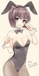  alternate_costume animal_ears bare_shoulders blush bow bowtie breasts brown_hair bunny_ears bunny_tail bunnysuit cleavage dated detached_collar fake_animal_ears grey_eyes medium_breasts nishio_rina open_mouth pantyhose short_hair solo soukyuu_no_fafner sumomo_(peach-breath) tail wrist_cuffs 