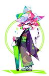  amakusa_(hidorozoa) domino_mask earrings full_body grey_hair hair_ornament hoop_earrings hotaru_(splatoon) japanese_clothes jewelry kimono long_sleeves mask mole mole_under_eye orange_eyes pointy_ears simple_background splatoon_(series) splatoon_2 symbol-shaped_pupils tied_hair white_background wide_sleeves zouri 