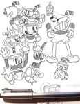  30s absurdres character_sheet commentary cuphead cuphead_(game) gashi-gashi giving_up_the_ghost grin halo highres oldschool pants pen pen_(medium) smile traditional_media 