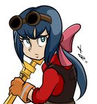  blue_hair commentary constanze_amalie_von_braunschbank-albrechtsberger cosplay frank_araya gloves goggles golden_wrench green_eyes hairband holding holding_weapon holding_wrench little_witch_academia long_hair overalls red_shirt shirt team_fortress_2 the_engineer the_engineer_(cosplay) weapon wrench 