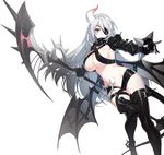  boots breasts cleavage closers demon_tail eyepatch gloves horn large_breasts leg_up levia_(closers) long_hair md5_mismatch partly_fingerless_gloves resized scythe short_shorts shorts sideboob silver_hair simple_background smile solo tail tekaru thigh_strap thighs underboob upscaled very_long_hair weapon 