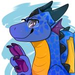  2019 blue_scales claws digital_media_(artwork) dragon eyewear frill glasses horn looking_at_viewer low_res male orange_scales purple_eyes reptifriend_(artist) scales scalie scutes smile sokyran solo v_sign wings 