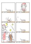  /\/\/\ 2girls 4koma :q apron book bowl chocolate comic commentary_request grey_wolf_(kemono_friends) highres kemono_friends multiple_4koma multiple_girls murakami_kou_(raye) northern_white-faced_owl_(kemono_friends) open_book red_apron silent_comic tail_wagging tongue tongue_out younger 