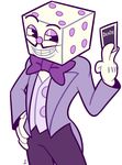  30s bow bowtie card cuphead_(game) dice eyeshadow facial_hair grin highres king_dice makeup male_focus mustache oldschool pants raised_eyebrow smile smug solo tuxedo yatsunote 