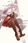  ajax_(azur_lane) azur_lane beret bow bowtie cannon capelet chin_rest collar detached_sleeves elbow_on_knee full_body hat highres lavender_hair loafers looking_at_viewer one_side_up pantyhose red_eyes rigging shoe_dangle shoes simple_background sketch skirt smile so-bin solo thighband_pantyhose white_capelet 