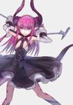  &gt;:) absurdres armpits arms_behind_back bangs black_dress blue_eyes closed_mouth detached_sleeves diamond_(shape) dragon_girl dragon_horns dragon_tail dress elizabeth_bathory_(fate) elizabeth_bathory_(fate)_(all) emoto_reishi eyes_visible_through_hair fate/extra fate/extra_ccc fate/grand_order fate_(series) flat_chest frilled_sleeves frills hair_between_eyes highres horns legs_apart long_hair long_sleeves looking_at_viewer markings microphone microphone_stand pink_hair pointy_ears short_dress sidelocks silver_background simple_background smile solo straight_hair tail tail_raised tsurime turtleneck v-shaped_eyebrows 