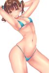  arms_up bad_id bad_pixiv_id bangs banned_artist bikini blue_bikini blush breasts brown_eyes brown_hair closed_mouth collarbone eyebrows_visible_through_hair kyara36 looking_at_viewer micro_bikini navel original simple_background small_breasts smile solo swimsuit thighs twintails white_background 