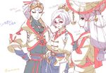  2girls commentary eyeshadow glasses goggles goggles_on_head hat headband impa long_hair makeup multiple_girls pointy_ears purah red-framed_eyewear red_eyes red_ribbon ribbon robbie_(zelda) short_hair short_sleeves shuri_(84k) smile the_legend_of_zelda the_legend_of_zelda:_breath_of_the_wild traditional_clothes translated white_background white_hair white_skin younger 