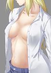  blush breasts breasts_apart collarbone collared_shirt denim dress_shirt grey_background head_out_of_frame highres jeans long_hair long_sleeves medium_breasts navel niwatazumi no_bra open_clothes open_mouth open_shirt original pants shirt sidelocks simple_background sketch solo stomach unbuttoned unbuttoned_shirt upper_body white_shirt wing_collar 