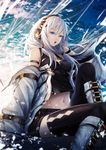  bare_shoulders black_legwear blue_eyes breasts cloud cloudy_sky commentary_request detached_sleeves headphones highres long_hair medium_breasts navel open_mouth original sky solo sugi_214 thighhighs white_hair wind 