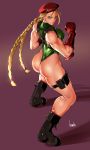  1girl ass beret blonde_hair bowalia braid breasts cammy_white elbow_gloves fingerless_gloves from_behind full_body gloves hat large_breasts leotard long_hair looking_at_viewer muscle muscular_female signature street_fighter thigh_strap thong thong_leotard twin_braids 