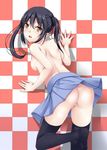  against_wall arm_support ass back bandaid bandaid_on_pussy black_hair checkered checkered_background k-on! kaerunoashi looking_back nakano_azusa no_panties open_mouth orange_eyes skirt solo thighhighs topless twintails upskirt 