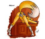  2005 bent_over black_nose black_sclera blue_eyes breasts butt claws digimon facial_markings female fox7 gloves markings navel presenting presenting_hindquarters pussy raised_tail renamon 