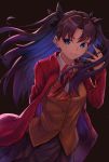  1girl absurdres arm_behind_back arm_up bangs black_background black_skirt blue_eyes blue_hair brown_hair coat commentary_request contrapposto fate/stay_night fate_(series) fifty1202 gradient_hair hair_blowing hair_ribbon highres leaning_to_the_side light_smile long_hair looking_at_viewer multicolored_hair neck_ribbon open_clothes open_coat parted_bangs red_coat red_neckwear ribbon shirt simple_background skirt solo standing tohsaka_rin trench_coat twintails upper_body very_long_hair waistcoat white_shirt 