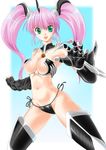  armor bikini bikini_armor black_armor breasts elbow_gloves gloves green_eyes jigoku_sensei_nube medium_breasts minki_(jigoku_sensei_nube) pink_hair revealing_clothes side-tie_bikini solo swimsuit thighhighs twintails wardrobe_malfunction zouzou 