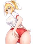  adjusting_buruma adjusting_clothes ass bangs blonde_hair breasts buruma commentary_request cowboy_shot elf etan14 eyebrows_visible_through_hair green_eyes gym_shirt gym_uniform hair_between_eyes highres large_breasts looking_at_viewer looking_back maid_(etan14) original parted_lips pointy_ears ponytail red_buruma see-through shirt short_sleeves sidelocks simple_background solo white_background white_shirt 