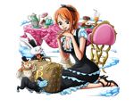  :d bird black_dress black_hairband black_ribbon bodskih breasts brown_eyes bunny cat cleavage dress frilled_dress frills hair_ribbon hairband high_heels interlocked_fingers large_breasts layered_dress nami_(one_piece) one_piece open_mouth orange_hair ribbon sandals short_hair short_sleeves smile solo transparent_background 