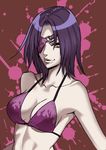  breasts brown_background cleavage collarbone eyepatch grey_skin hilda_(outlaw_star) long_hair looking_at_viewer medium_breasts ogami orange_eyes outlaw_star purple_bikini_top purple_hair simple_background smile solo upper_body 