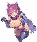  :d animal_ears artist_name bent_over bow breasts cleavage dangerous_beast elbow_gloves extra_ears eyebrows_visible_through_hair eyes_visible_through_hair fang fate/grand_order fate_(series) fingernails full_body fur_trim gloves hair_over_one_eye hair_tucking large_breasts mash_kyrielight navel o-ring o-ring_top olys open_mouth purple_eyes purple_gloves purple_hair purple_legwear revealing_clothes sharp_fingernails short_hair simple_background smile solo sweat sweatdrop tail thighhighs twitter_username white_background 
