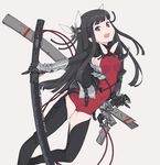  bangs black_eyes black_hair black_legwear blunt_bangs breasts chaps commentary gauntlets hair_ribbon holding kazuoki leotard long_hair looking_at_viewer open_mouth original pointy_ears red_leotard ribbon sheath sheathed small_breasts smile solo sword weapon white_ribbon 