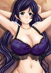  1girl armpits artemisumi blush bra breasts cleavage collarbone grey_eyes large_breasts laying long_hair looking_at_viewer love_live! lying navel on_back purple_hair smile solo toujou_nozomi twintails underwear 
