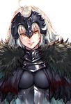  ahoge fate_(series) fur_trim headpiece jeanne_d'arc_(alter)_(fate) jeanne_d'arc_(fate)_(all) looking_at_viewer makimura_shunsuke short_hair silver_hair simple_background solo upper_body yellow_eyes 
