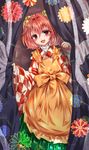  apron bell checkered checkered_kimono curtain_grab curtains floral_print green_skirt hair_bell hair_between_eyes hair_ornament head_tilt highres japanese_clothes jingle_bell kimono long_sleeves looking_at_viewer motoori_kosuzu nomayo open_mouth red_eyes red_hair skirt smile solo standing tareme touhou wide_sleeves 