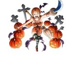  arm_up bodskih bracelet breasts brown_hair cleavage closed_eyes dress full_body hair_over_shoulder halloween halloween_costume holding holding_sword holding_weapon jack-o'-lantern jewelry large_breasts left-handed leg_up low_twintails mary_janes nami_(one_piece) one_piece open_mouth orange_dress pumpkin red_footwear shoes short_dress sidelocks sleeveless sleeveless_dress smile solo standing standing_on_one_leg strapless strapless_dress striped striped_legwear sword thighhighs transparent_background twintails weapon 