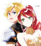  1girl artist_name blonde_hair blue_eyes breasts check_commentary cleavage commentary_request green_eyes jaune_arc medium_breasts pyrrha_nikos red_hair rwby shinoasa smile 