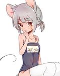  abe_suke alternate_hairstyle animal_ears bangs bare_arms blush brown_eyes closed_mouth covered_navel eyebrows_visible_through_hair grey_hair hand_to_own_mouth hand_up highres looking_at_viewer mouse_ears mouse_tail name_tag nazrin one-piece_swimsuit short_hair short_ponytail simple_background sitting solo sweat swimsuit tail thighhighs touhou white_background white_legwear 