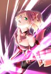  bare_shoulders blonde_hair braid breasts clarent cleavage detached_sleeves dutch_angle fate/apocrypha fate_(series) french_braid green_eyes looking_at_viewer medium_breasts mordred_(fate) mordred_(fate)_(all) parted_lips ponytail red_scrunchie scrunchie snowcat. solo thighhighs type-moon 