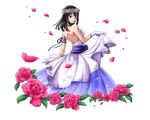  arm_ribbon black_hair blue_eyes blue_flower blue_ribbon bodskih breasts dress flower gloves hair_flower hair_ornament head_wreath jewelry long_hair looking_at_viewer looking_back medium_breasts necklace nico_robin one_piece petals red_flower ribbon sideboob sleeveless sleeveless_dress solo standing strapless strapless_dress transparent_background white_gloves yellow_flower 