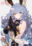  1girl 2019 animal_ears backless_outfit bangs bare_arms bare_shoulders black_dress black_gloves blue_hair blush breasts bunny_ears closed_mouth commentary_request dress earrings erune eyebrows eyebrows_visible_through_hair ferry_(granblue_fantasy) frilled_gloves frilled_shirt_collar frills gloves granblue_fantasy grey_background hands_together hands_up highres hoop_earrings jewelry kotoyoro light long_hair looking_at_viewer medium_breasts new_year oyu_(sijimisizimi) shiny shiny_hair sideboob simple_background single_earring sleeveless sleeveless_dress smile solo sword translated twitter_username upper_body wavy_hair weapon white_dress yellow_eyes 