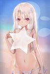  cowboy_shot eyebrows_visible_through_hair eyes_visible_through_hair fate/kaleid_liner_prisma_illya fate_(series) groin heart heart-shaped_pupils highres illyasviel_von_einzbern long_hair looking_at_viewer navel pink_eyes sk_tori smile solo star symbol-shaped_pupils topless white_bikini_bottom white_hair 