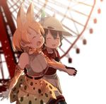  animal_ears backpack bag black_gloves black_hair blonde_hair blurry blurry_background blush closed_eyes commentary_request depth_of_field eyebrows_visible_through_hair ferris_wheel fur_collar gloves hair_between_eyes hat hat_feather helmet high-waist_skirt holding_hands kaban_(kemono_friends) kemono_friends multiple_girls open_mouth outdoors pith_helmet print_neckwear print_skirt red_shirt serval_(kemono_friends) serval_ears serval_print shirt short_hair shorts skirt sleeveless sleeveless_shirt wavy_hair yutsu 