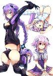  ass blue_eyes braid breasts cleavage hair_ornament long_hair looking_at_viewer lying medium_breasts multiple_views nakatokung neptune_(choujigen_game_neptune) neptune_(series) on_back panties purple_hair purple_heart rolling sketch striped striped_legwear symbol-shaped_pupils twin_braids underwear very_long_hair 