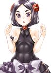  black_hair blush breasts breasts_apart breasts_outside collarbone flower hair_flower hair_ornament looking_at_viewer nipples no_bra open_mouth princess_principal purple_eyes shiromitsu_suzaku simple_background small_breasts solo sweat toudou_chise white_background 